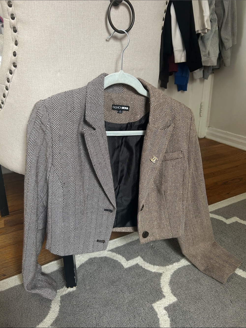 Fashion Nova Cropped Herringbone Blazer in Taupe and Black